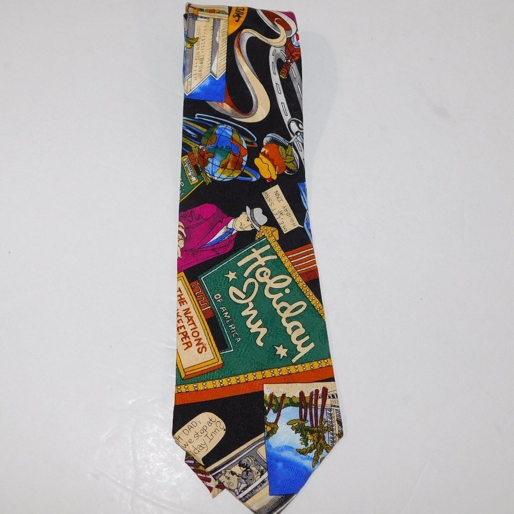 VTG 1993 Nicole Miller Holiday Inn Hwy Travel 100% Silk Novelty Necktie Tie 90s